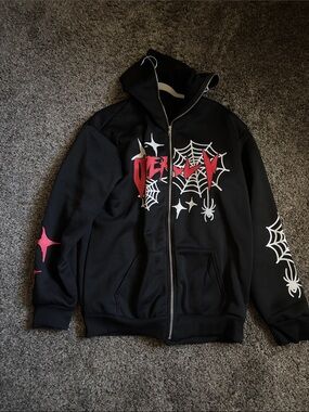 Black Zip-Up Hoodie with Spiderweb & Red Graphic